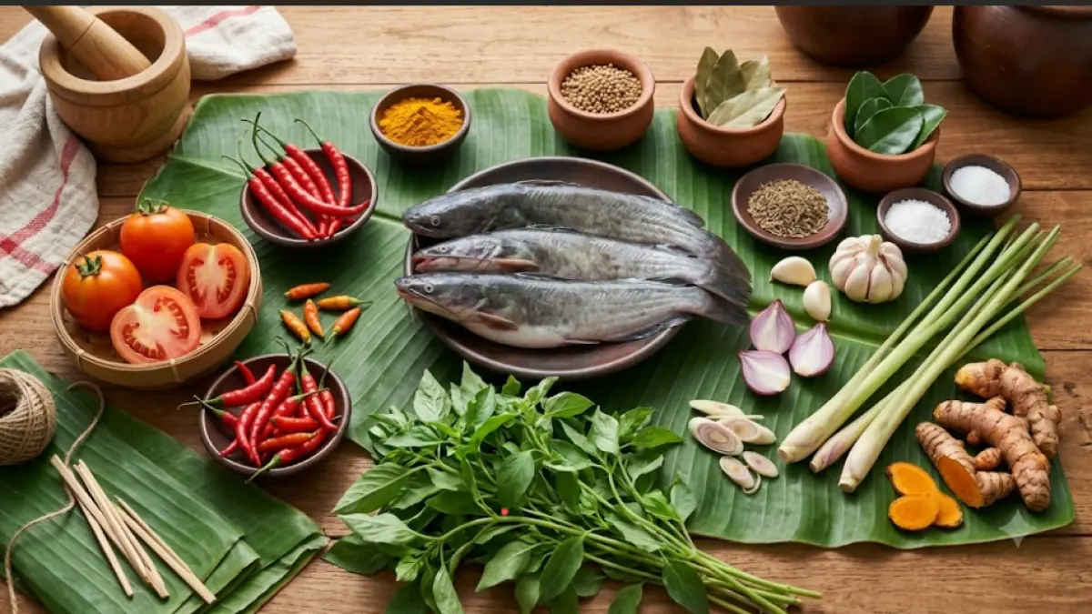 Ilustrasi bahan-bahan utama untuk membuat Pepes Ikan Lele, terdiri dari ikan lele, daun pisang, daun kemangi, tomat, cabai, serai, bawang, dan aneka rempah. Gambar ini hanya sebagai ilustrasi dan tidak merepresentasikan resep secara persis.