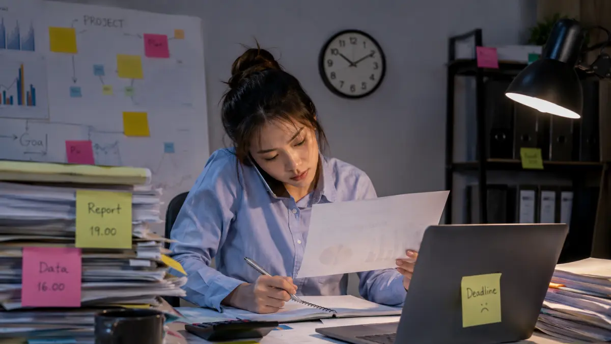Seorang perempuan terlihat sibuk bekerja di meja kantor dengan berbagai dokumen, laptop, dan catatan yang menumpuk.