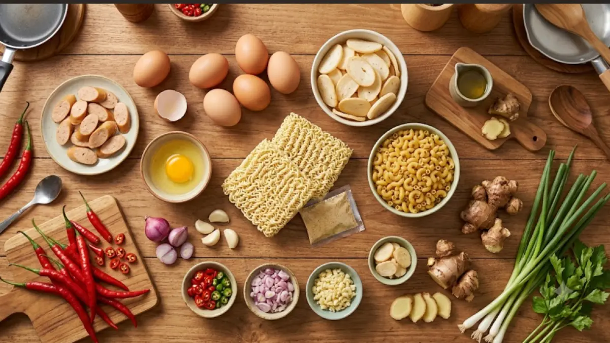 Ilustrasi bahan-bahan utama untuk membuat Indomie Seblak Macaroni, terdiri dari mi instan, makaroni, kerupuk bawang, telur, sosis, cabai, bawang, dan kencur. Gambar ini hanya sebagai ilustrasi dan tidak merepresentasikan resep secara persis.