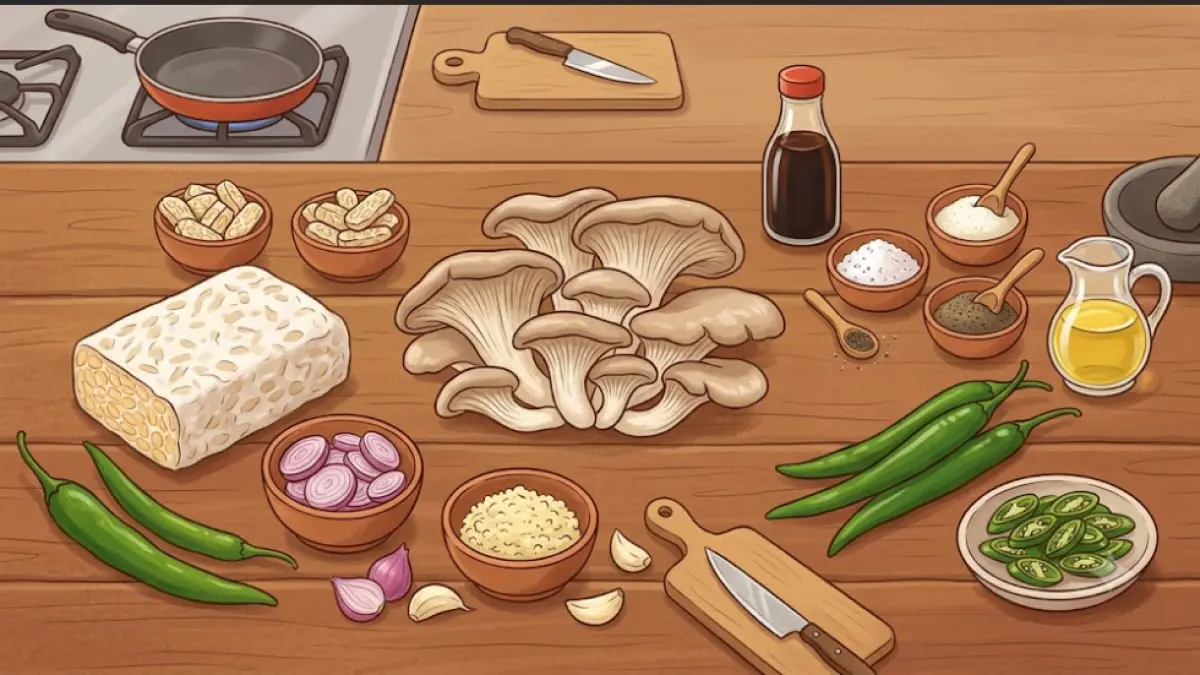 Ilustrasi bahan-bahan utama untuk membuat Tumis Jamur Tiram, terdiri dari jamur tiram, tempe, bawang merah, bawang putih, cabai hijau, dan bumbu dapur. Gambar ini hanya sebagai ilustrasi dan tidak merepresentasikan resep secara persis.