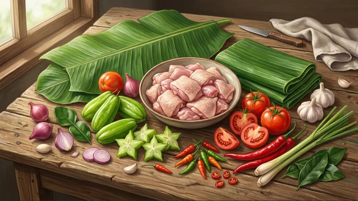 Ilustrasi bahan-bahan utama untuk membuat Garang Asem Ayam, terdiri dari ayam, tomat, belimbing wuluh, cabai, bawang, serai, daun salam, daun jeruk, dan daun pisang. Gambar ini hanya sebagai ilustrasi dan tidak merepresentasikan resep secara persis.