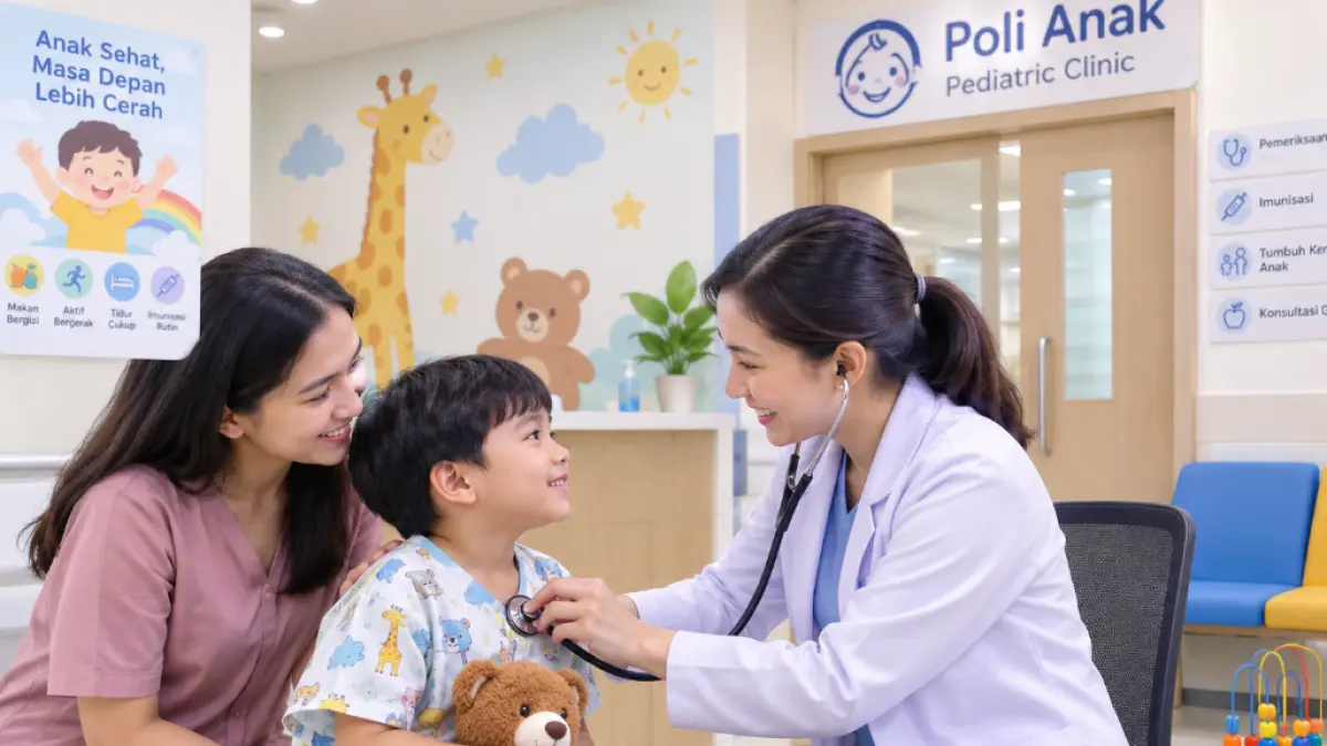 Ilustrasi poli anak yang nyaman, dengan dokter memeriksa anak didampingi orang tua.