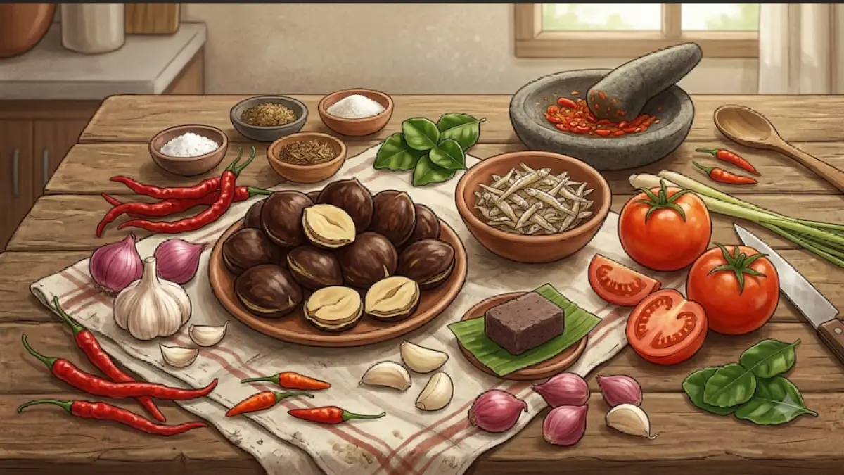 Ilustrasi bahan-bahan untuk membuat Jengkol Sambal Teri, terdiri dari jengkol, ikan teri, cabai, bawang merah, bawang putih, tomat, terasi, serta bumbu dapur. Gambar ini hanya sebagai ilustrasi.
