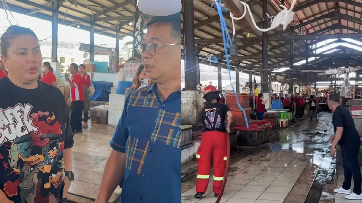 Anggota DPRD Manado Adolfien Wangania saat mendengarkan penjelasan dari Dirut Perumda Pasar, Senin (27/7). Foto lain. Pembersihan di dalam hanggar oleh petugas