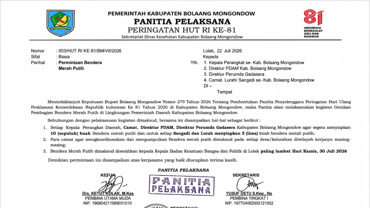VIRAL: Surat Pemerintah Kabupaten Bolaang Mongondow yang ditujukan bagi pemerintah kecamatan, kelurahan hingga desa terkait permintaan bendera
