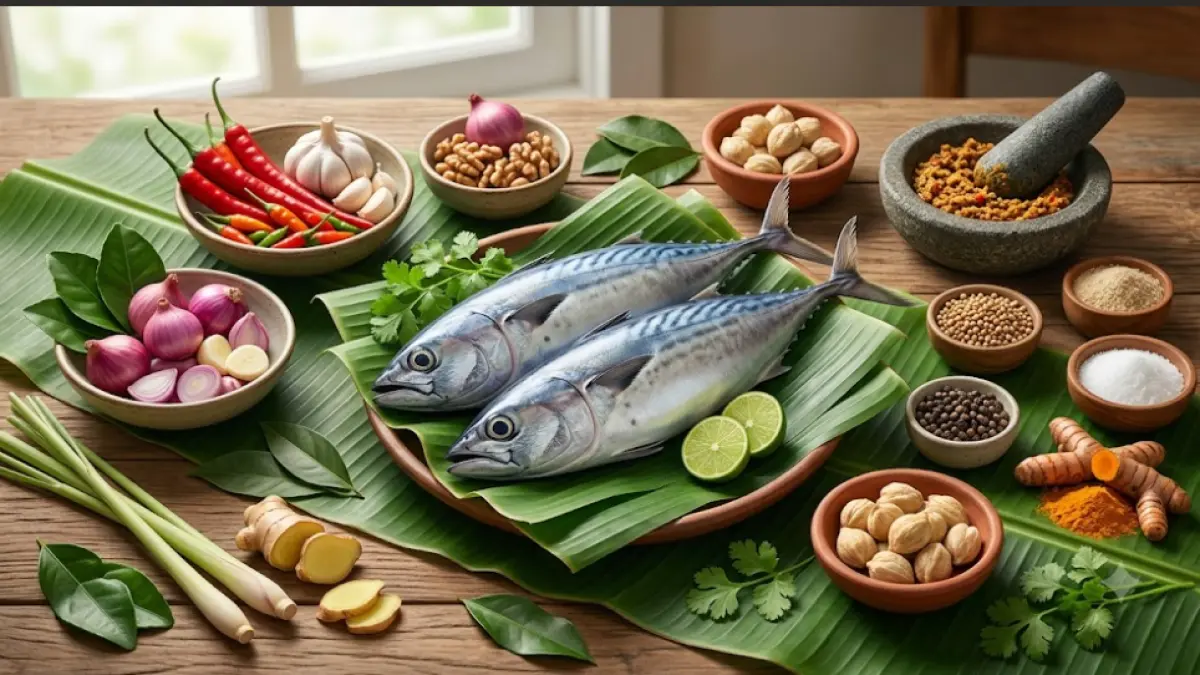 Ilustrasi bahan-bahan untuk membuat Ikan Bakar Tongkol, terdiri dari ikan tongkol, daun pisang, kenari, cabai, bawang merah, jeruk nipis, serta aneka bumbu dapur. Gambar ini hanya sebagai ilustrasi.