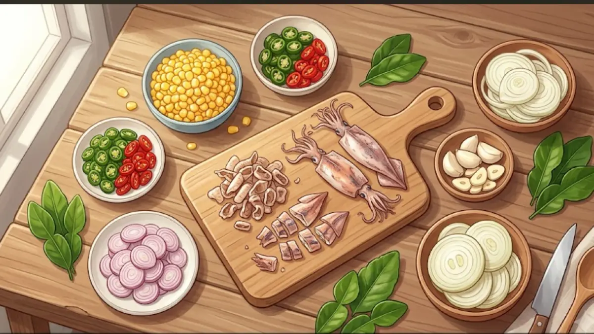 Ilustrasi bahan-bahan Oseng Cumi Asin Jagung Manis, terdiri dari cumi asin, jagung manis, cabai hijau, cabai merah, bawang merah, bawang putih, bawang bombai, dan daun salam. Gambar ini hanya sebagai ilustrasi.