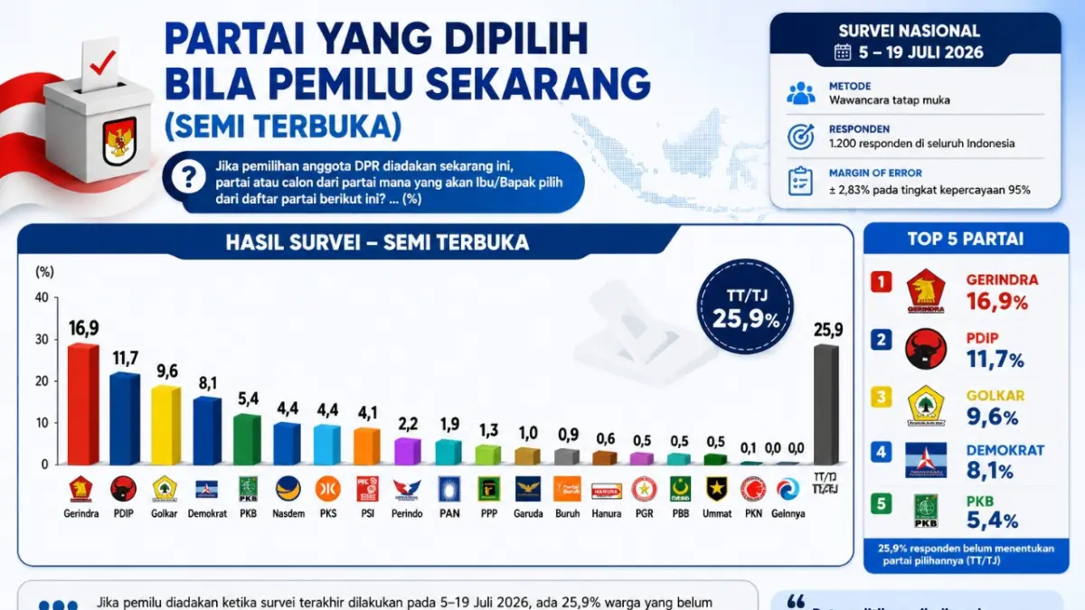 Survei SMRC, Elektabilitas Gerindra Turun, &nbsp;Tapi Tetap Masih Partai Nomor Satu Diikuti PDIP dan Golkar&nbsp;