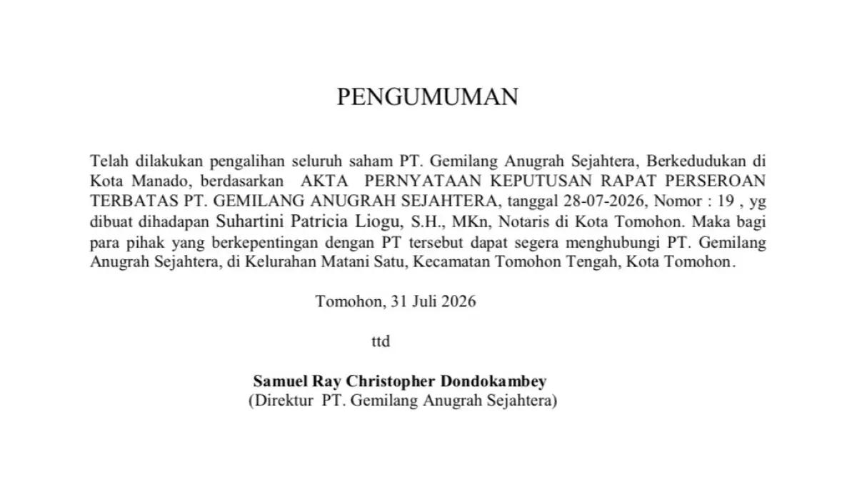 Pengumuman Pengalihan Seluruh Saham PT. Gemilang Anugrah Sejahtera