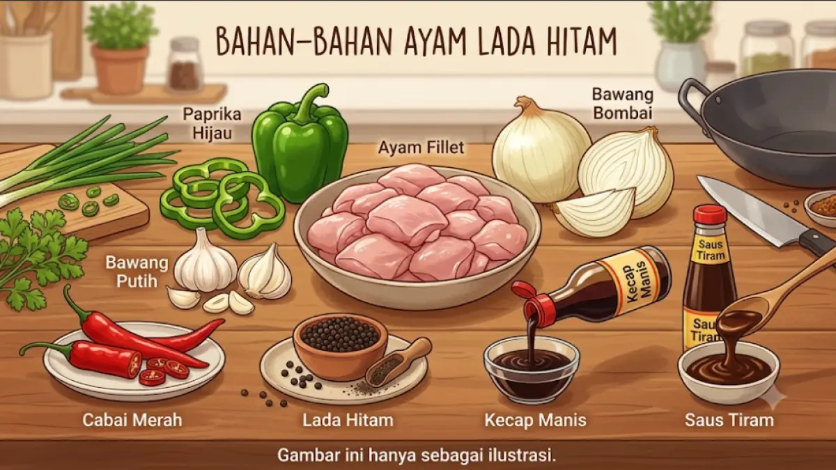 Ilustrasi bahan-bahan Ayam Lada Hitam, terdiri dari ayam fillet, paprika hijau, bawang bombai, bawang putih, cabai merah, lada hitam, kecap, dan saus tiram. Gambar ini hanya sebagai ilustrasi.