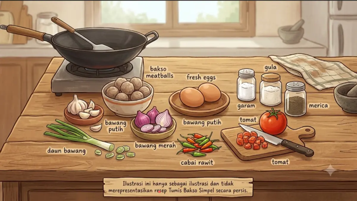 Ilustrasi bahan-bahan Tumis Bakso Simpel, terdiri dari bakso, telur, bawang merah, bawang putih, cabai rawit, tomat, daun bawang, serta bumbu dapur. Gambar ini hanya sebagai ilustrasi.