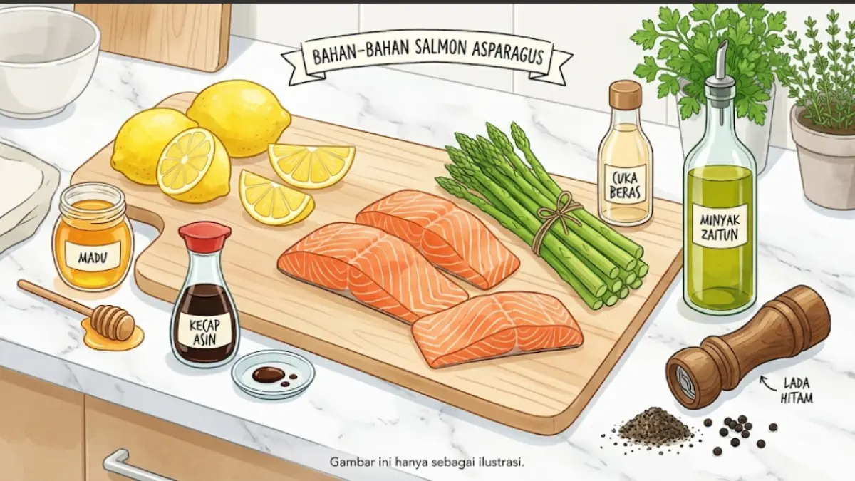 Ilustrasi bahan-bahan Salmon Asparagus, terdiri dari fillet salmon, asparagus, jeruk lemon, kecap asin, madu, cuka beras, minyak zaitun, dan lada hitam. Gambar ini hanya sebagai ilustrasi.