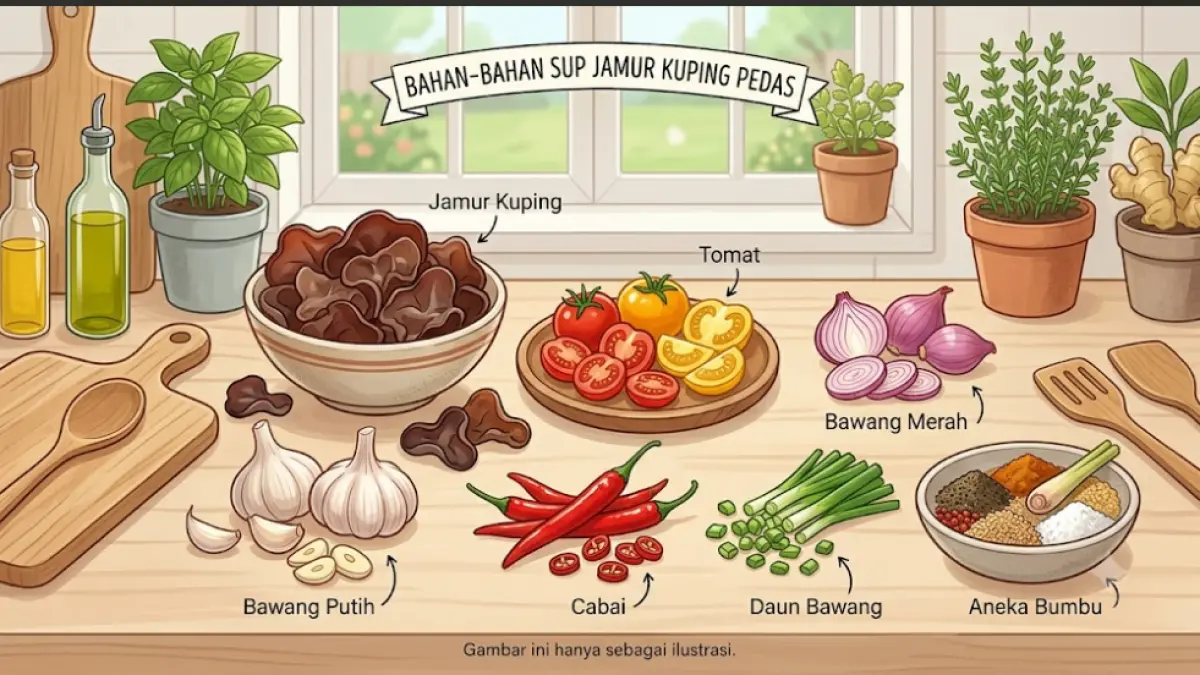 Ilustrasi bahan-bahan Sup Jamur Kuping Pedas, terdiri dari jamur kuping, tomat, bawang merah, bawang putih, cabai, daun bawang, serta aneka bumbu. Gambar ini hanya sebagai ilustrasi.