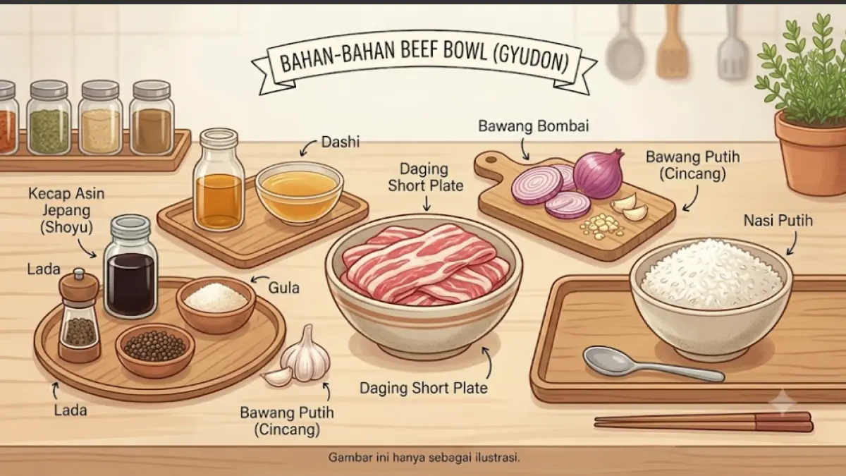 Ilustrasi bahan-bahan Beef Bowl, terdiri dari daging short plate, bawang bombai, bawang putih, kecap asin Jepang, dashi, gula, lada, dan nasi putih. Gambar ini hanya sebagai ilustrasi.