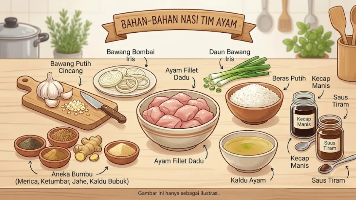 Ilustrasi bahan-bahan Nasi Tim Ayam, terdiri dari daging ayam, bawang putih, bawang bombai, daun bawang, beras, kaldu ayam, kecap, saus tiram, dan aneka bumbu. Gambar ini hanya sebagai ilustrasi.