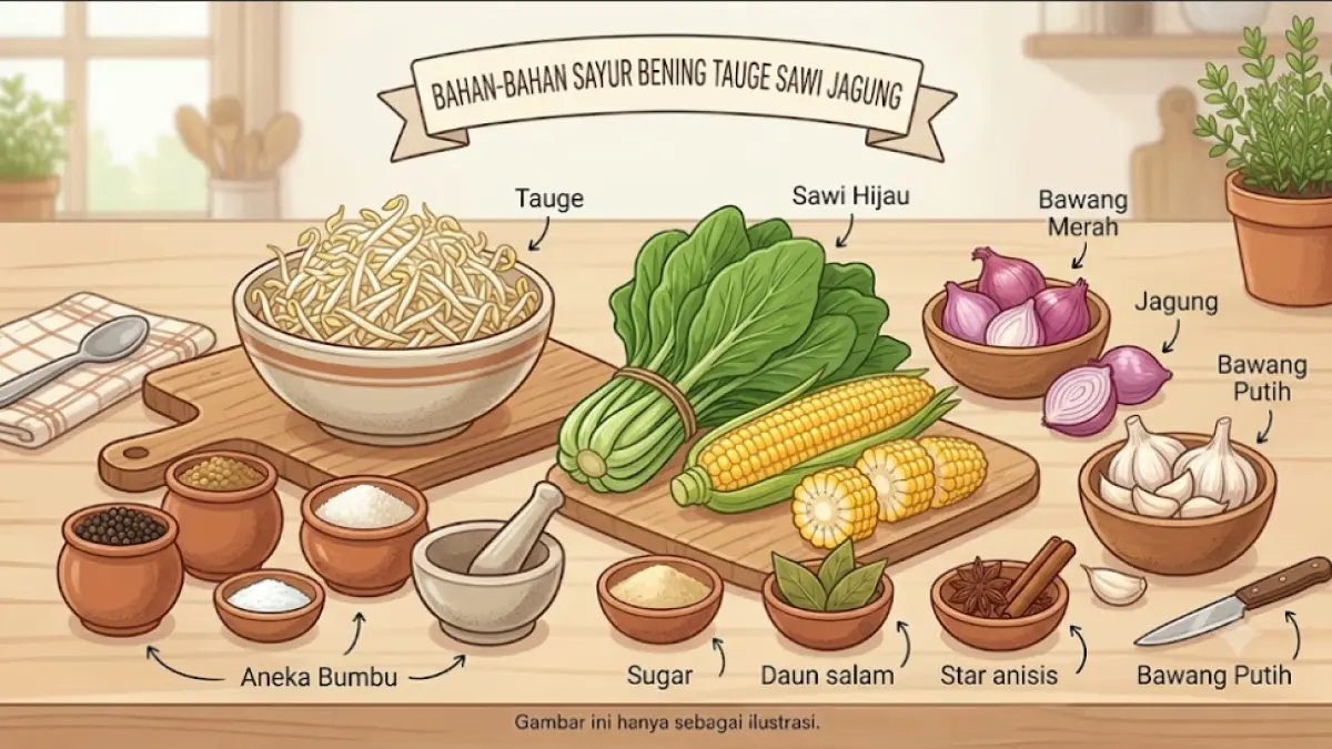 Ilustrasi bahan-bahan Sayur Bening Tauge Sawi Jagung, terdiri dari tauge, sawi hijau, jagung, bawang merah, bawang putih, serta aneka bumbu. Gambar ini hanya sebagai ilustrasi.