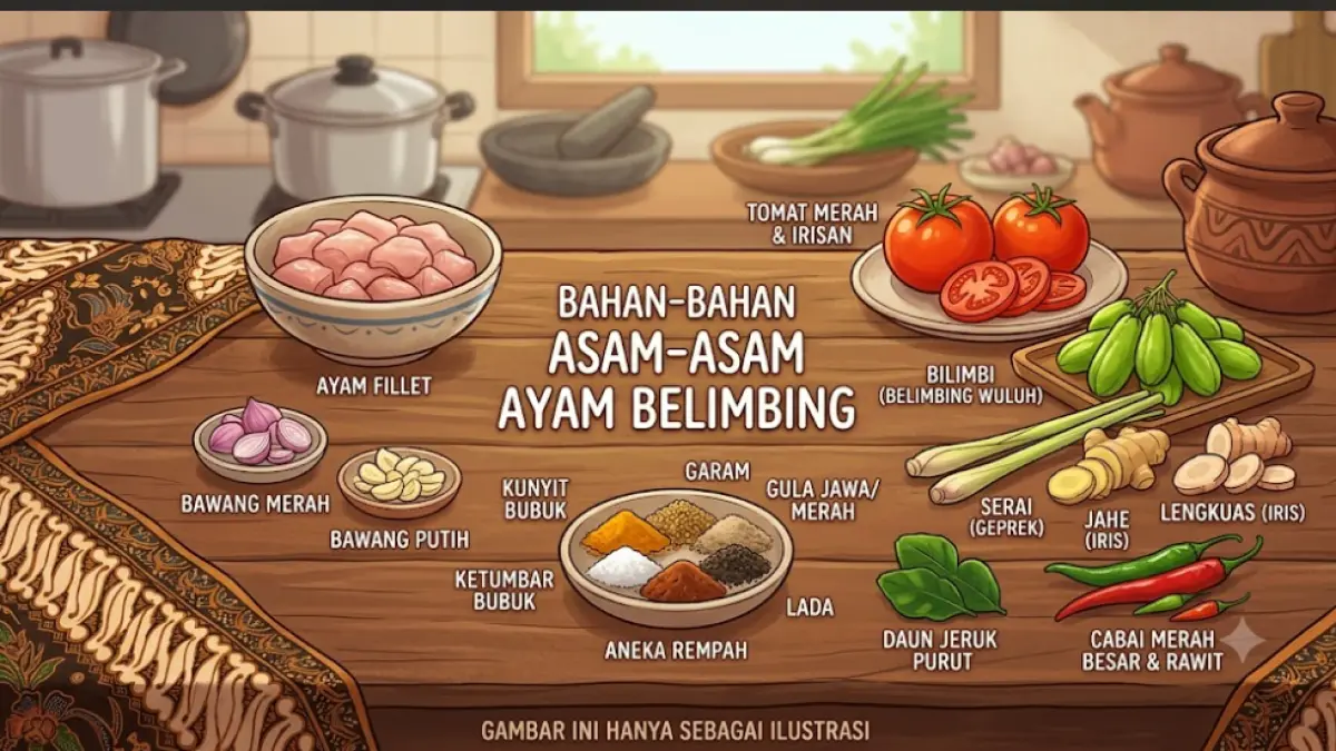Ilustrasi bahan-bahan Asam-asam Ayam Belimbing, terdiri dari ayam fillet, belimbing wuluh, tomat, bawang merah, bawang putih, serai, jahe, lengkuas, daun jeruk, dan aneka rempah. Gambar ini hanya sebagai ilustrasi.