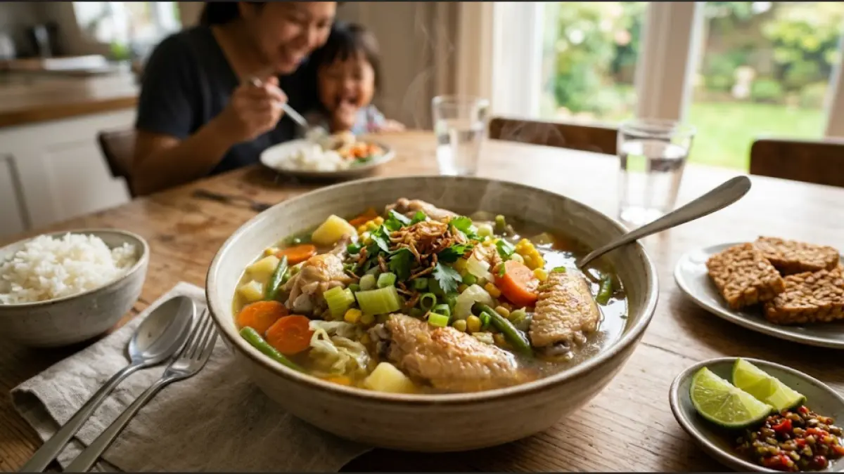 Chicken wing soup dengan sayap ayam, sayuran, dan kuah kaldu hangat. Cocok disantap sebagai menu rumahan bersama keluarga.