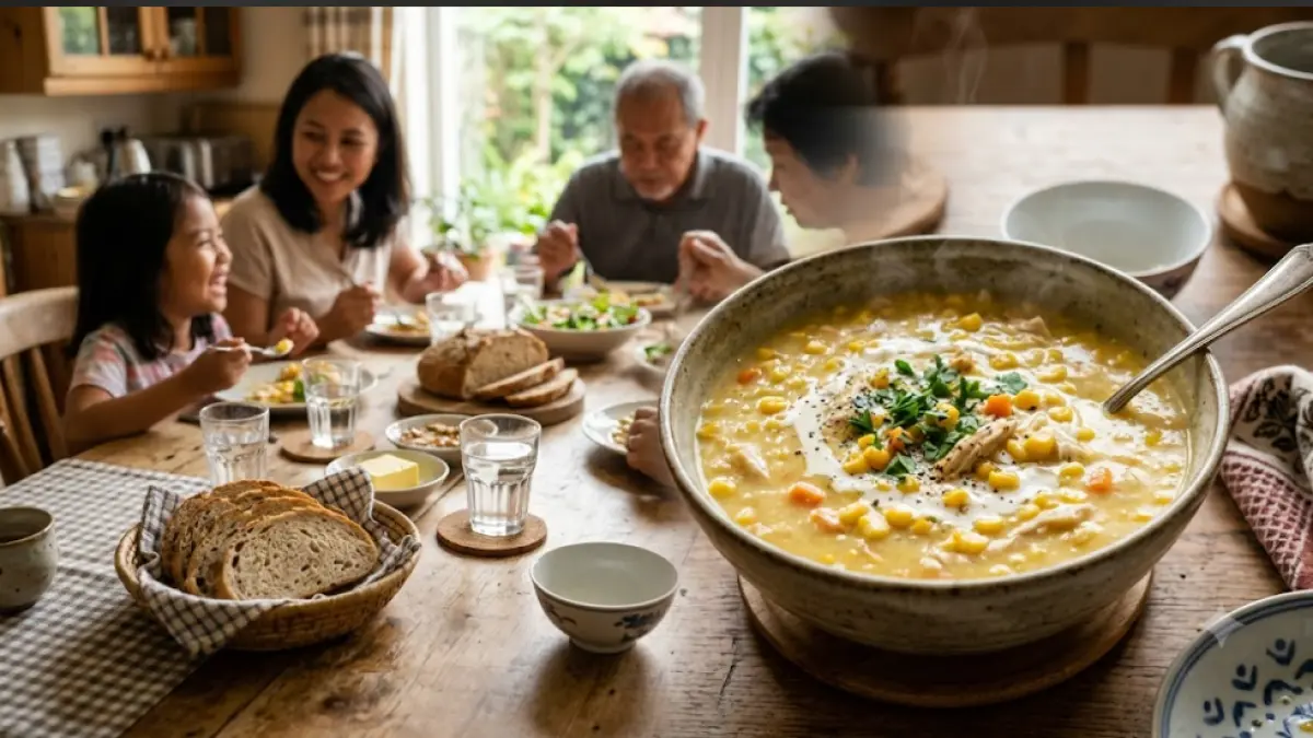 Corn cream soup dengan jagung manis, ayam, wortel, dan kuah creamy yang hangat. Sajian sederhana yang cocok dinikmati bersama keluarga.