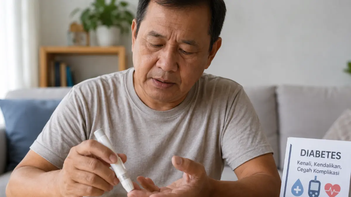 Ilustrasi seorang pria memeriksa kadar gula darah sebagai bagian dari pengelolaan diabetes.