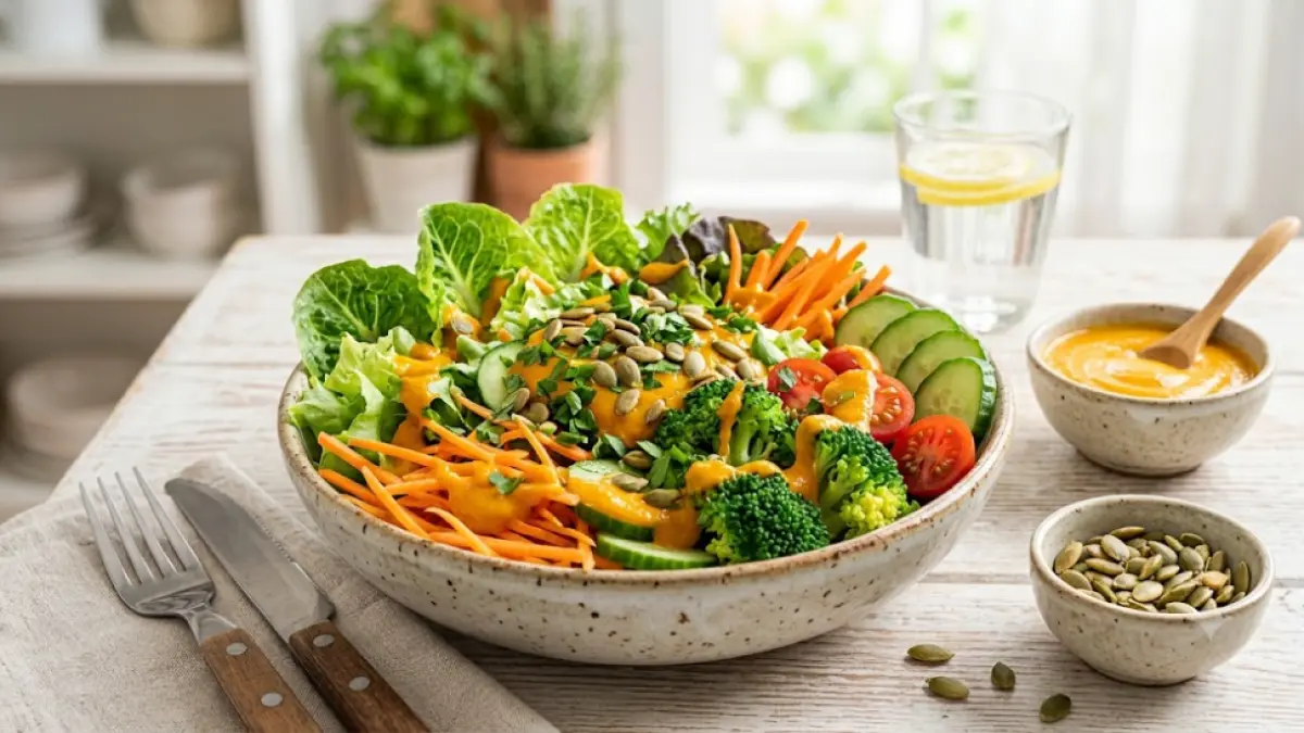Salad sayuran segar dengan selada, wortel, mentimun, brokoli, dan saus jingga berbahan labu kuning.