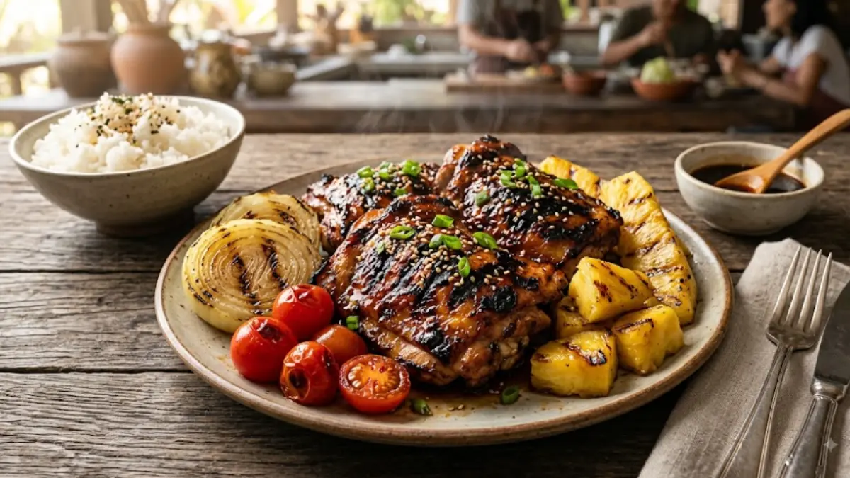 Ayam bakar bumbu teriyaki dengan warna kecokelatan dan aroma panggang, disajikan bersama bawang bombai, tomat, dan potongan nanas.