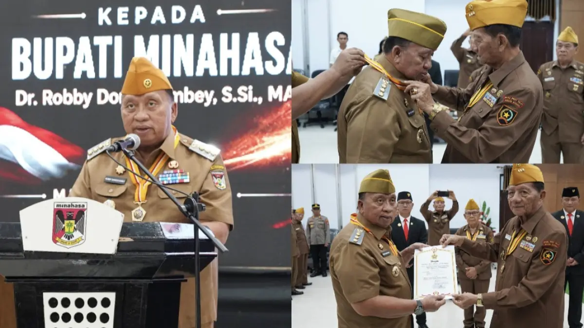 DIANUGERAHI: Bupati Robby Dondokambey saat dianugerahi Bintang Legiun Veteran dari LVRI Pusat yang diwakili Kolonel (Purn) Theodorus Dondokambey, Selasa (11/8/2026).