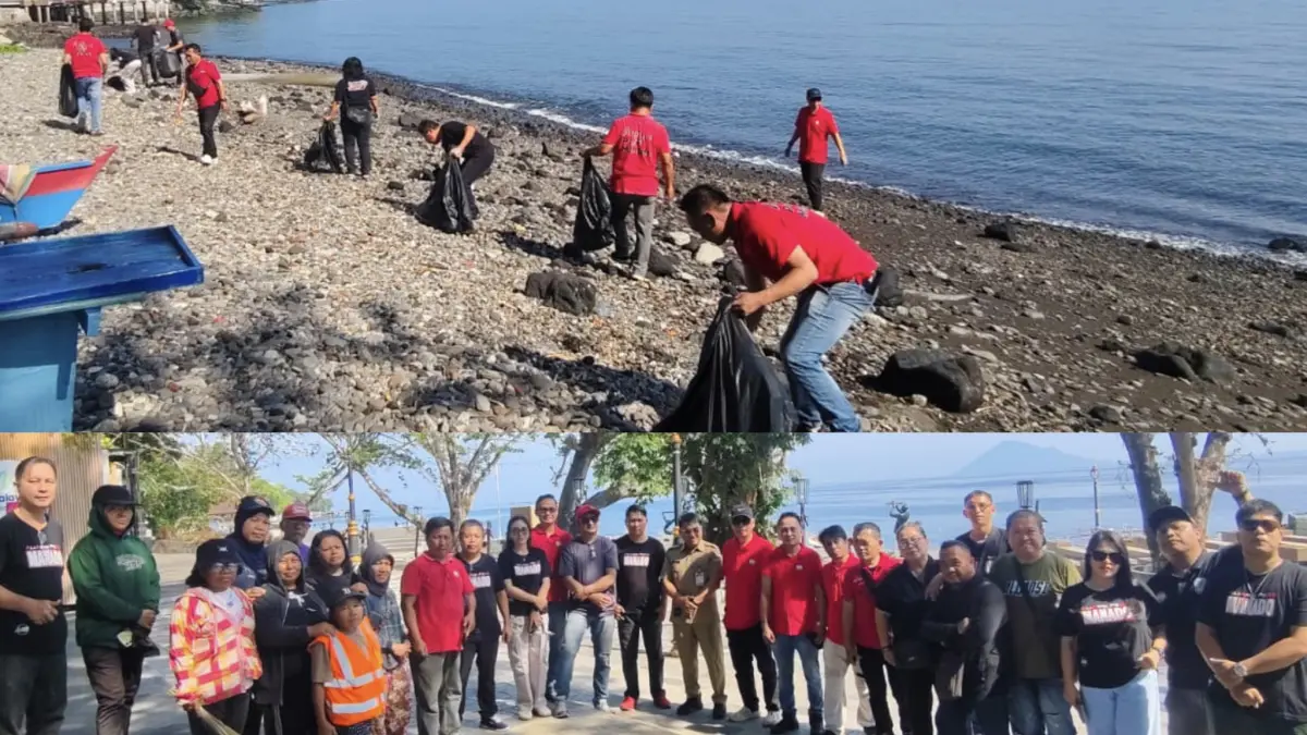 PEDULI: APM melakukan aksi bersih-bersih pantai di kompleks MBW Manado, Selasa (11/8)