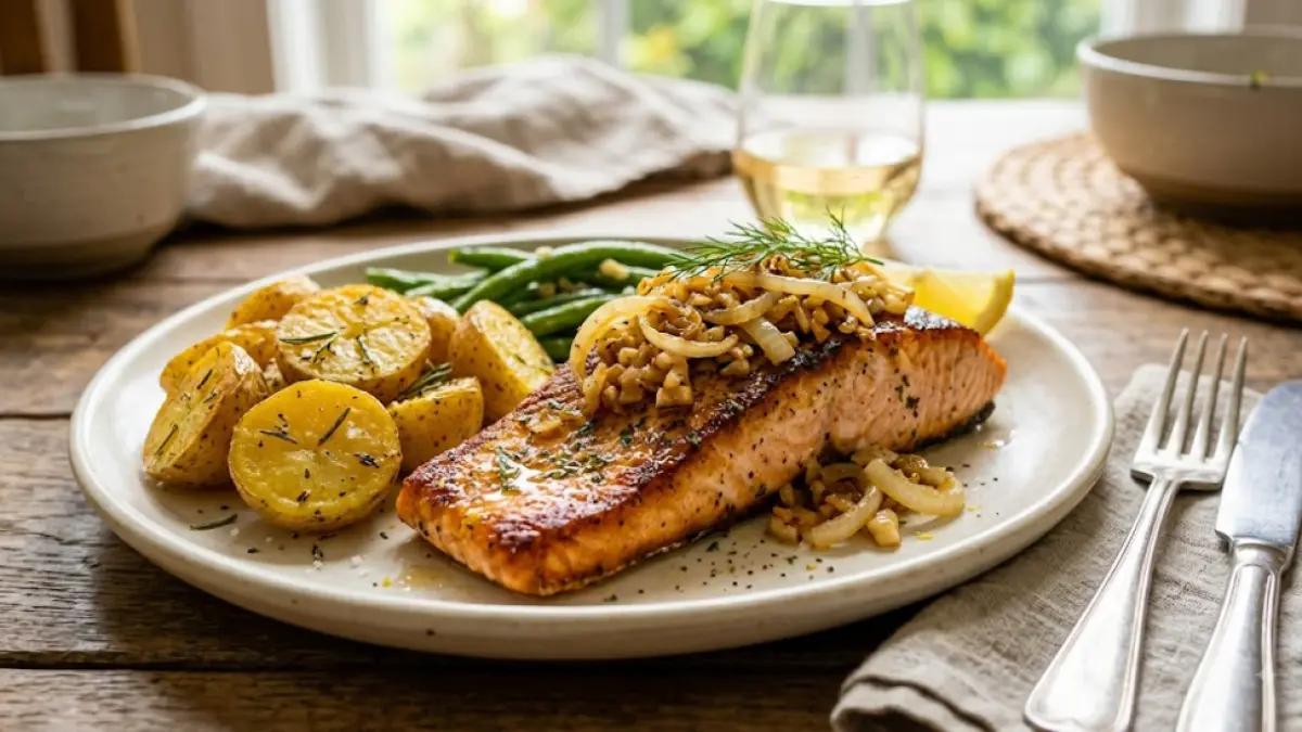 Baked salmon panggang dengan tumisan bawang putih dan bawang bombai, disajikan bersama kentang sebagai pelengkap.