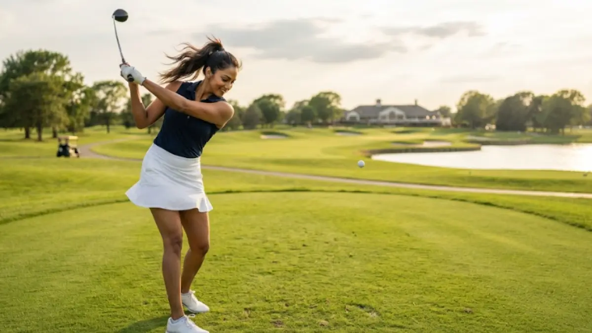 Ilustrasi seorang wanita yang sedang bermain golf.