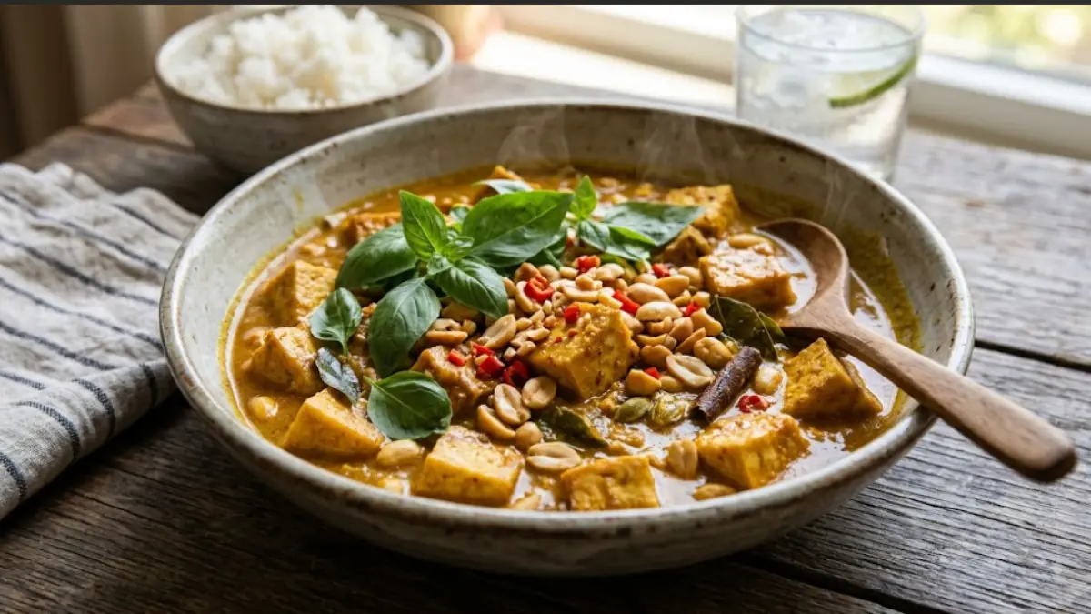 Kari manis tahu dengan potongan tahu, kacang tanah, rempah kari, dan taburan daun kemangi yang disajikan hangat.