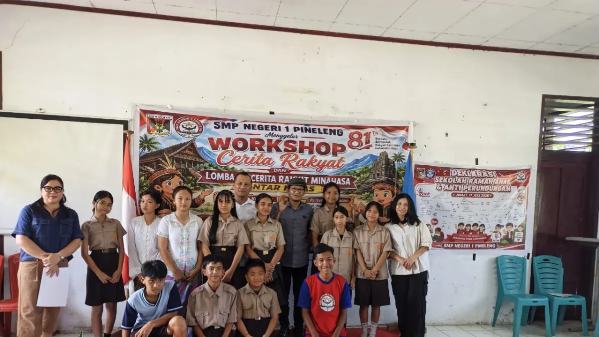 WARISAN BUDAYA: Upaya meningkatkan kemampuan literasi sekaligus menumbuhkan kecintaan generasi muda terhadap budaya lokal terus dilakukan SMP Negeri 1 Pineleng. Salah satunya melalui kegiatan Workshop Cerita Rakyat dan Lomba Bercerita Rakyat Minahasa yang melibatkan peserta didik, Jumat (14/08/26).