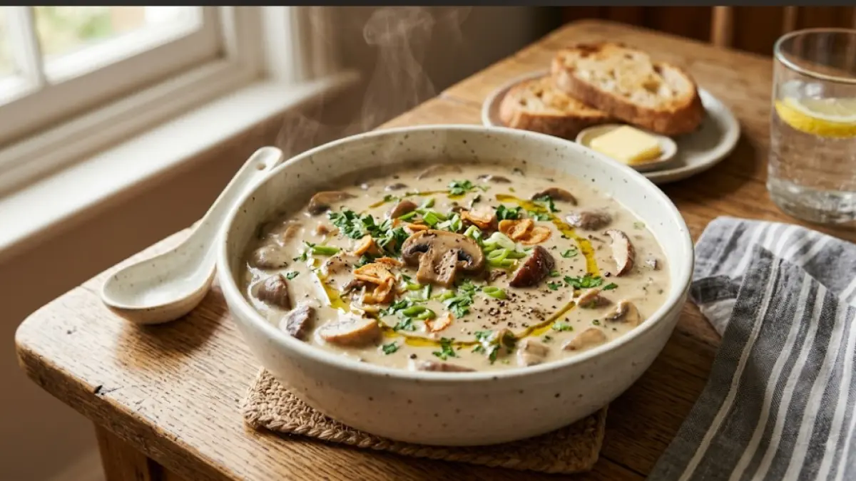 Sup kental jamur dengan tekstur creamy, jamur kancing, dan aroma bawang yang menggugah selera. Cocok disajikan hangat.