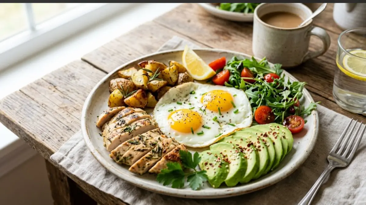 Healthy Breakfast Platter dengan kentang, telur, dada ayam, dan alpukat menjadi pilihan sarapan praktis yang mudah dibuat di rumah.