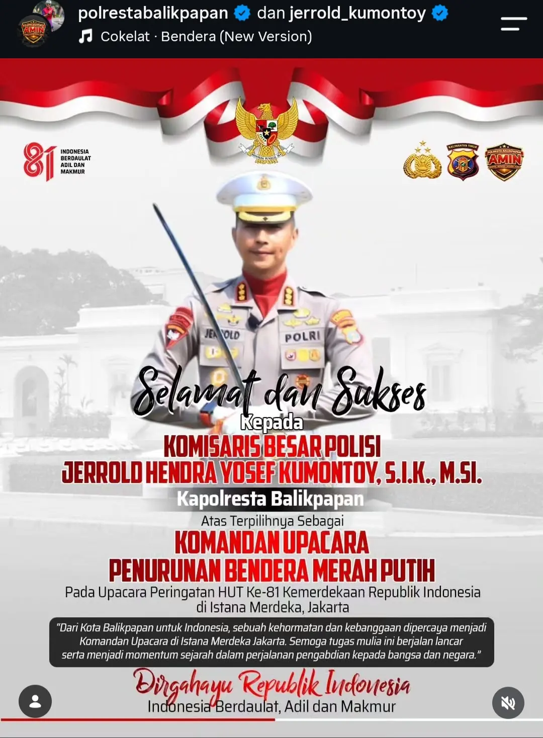 Postingan Polresta Balikpapan terkait penunjukan Kombes Pol Jerrold Kumontoy sebagain Komandan Upacara penurunan bendera.