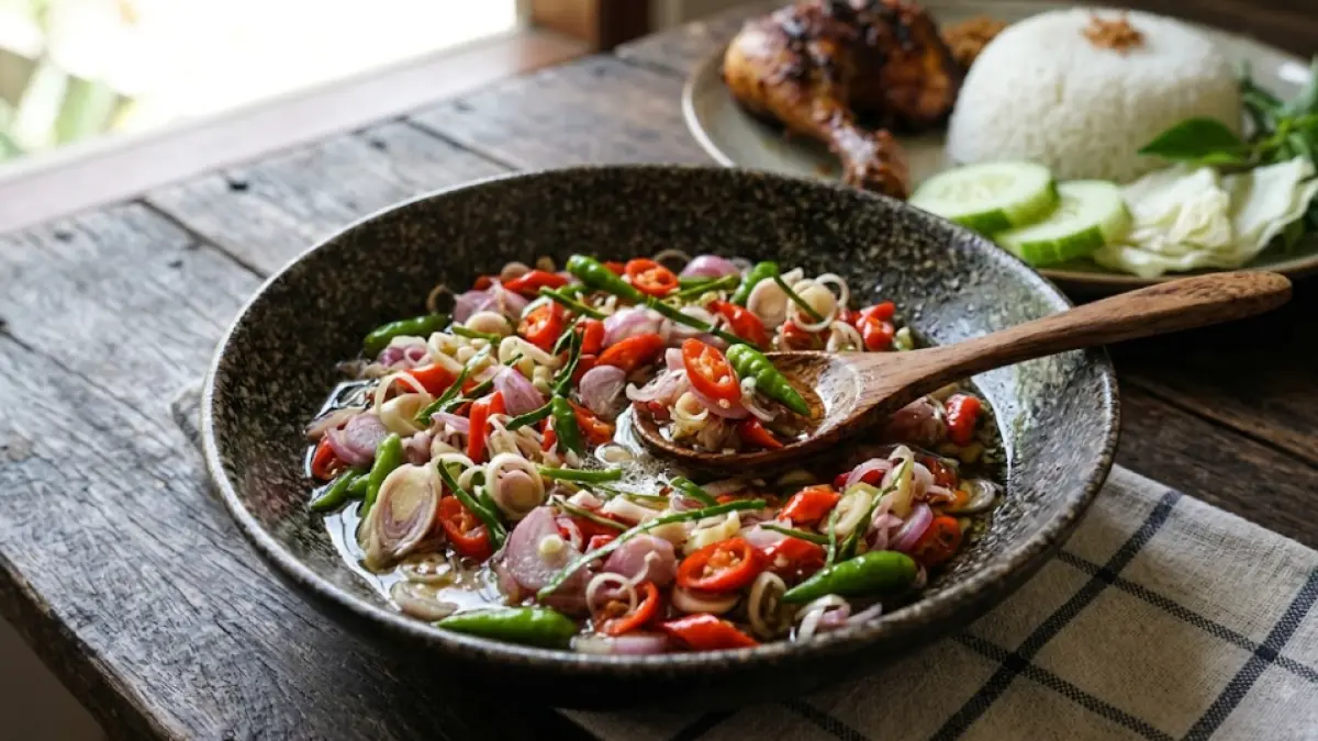 Sambal matah dengan irisan cabai, bawang, serai, dan daun jeruk yang disiram minyak panas, cocok sebagai pelengkap hidangan sehari-hari.