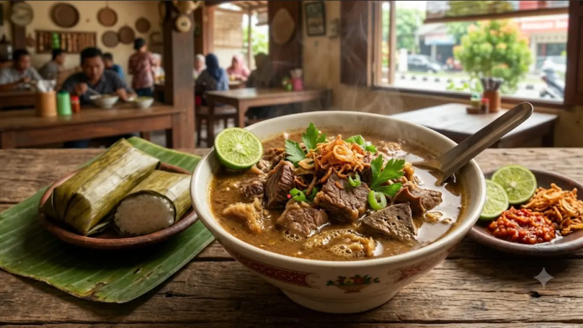 Semangkuk Coto Makassar sederhana berisi potongan daging sapi empuk dengan kuah rempah kental yang gurih dan menggugah selera.