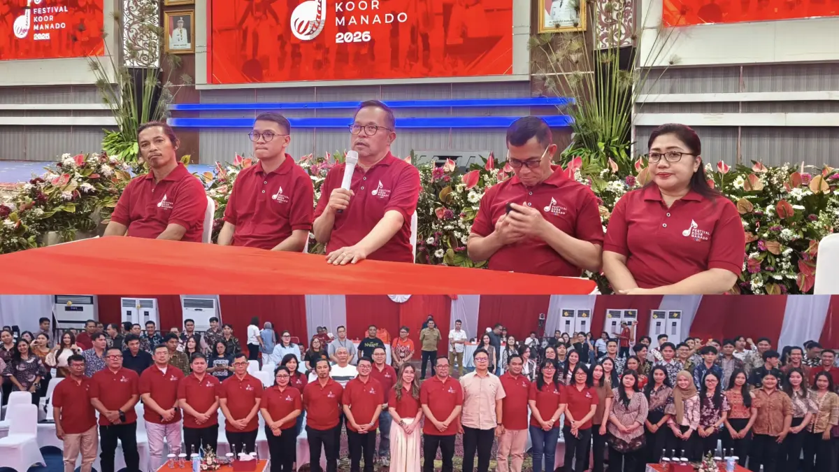 MAJUKAN: Konferensi pers dari panitia penyelenggara. Foto lain. Foto bersama usai launching Festival Koor Manado 2026 di Aula Serbaguna Pemkot, Jumat (21/8)