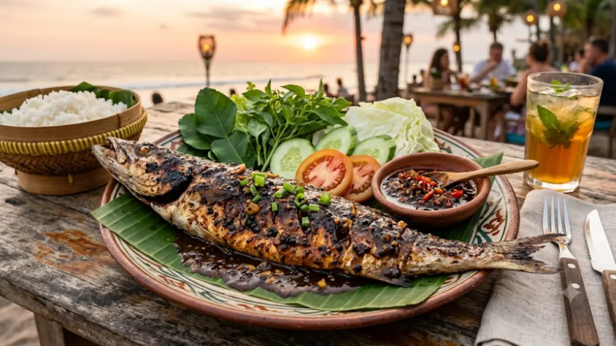 Ikan barakuda bakar dengan balutan saus lada hitam yang meresap, disajikan bersama lalapan segar dan sambal sebagai pelengkap.