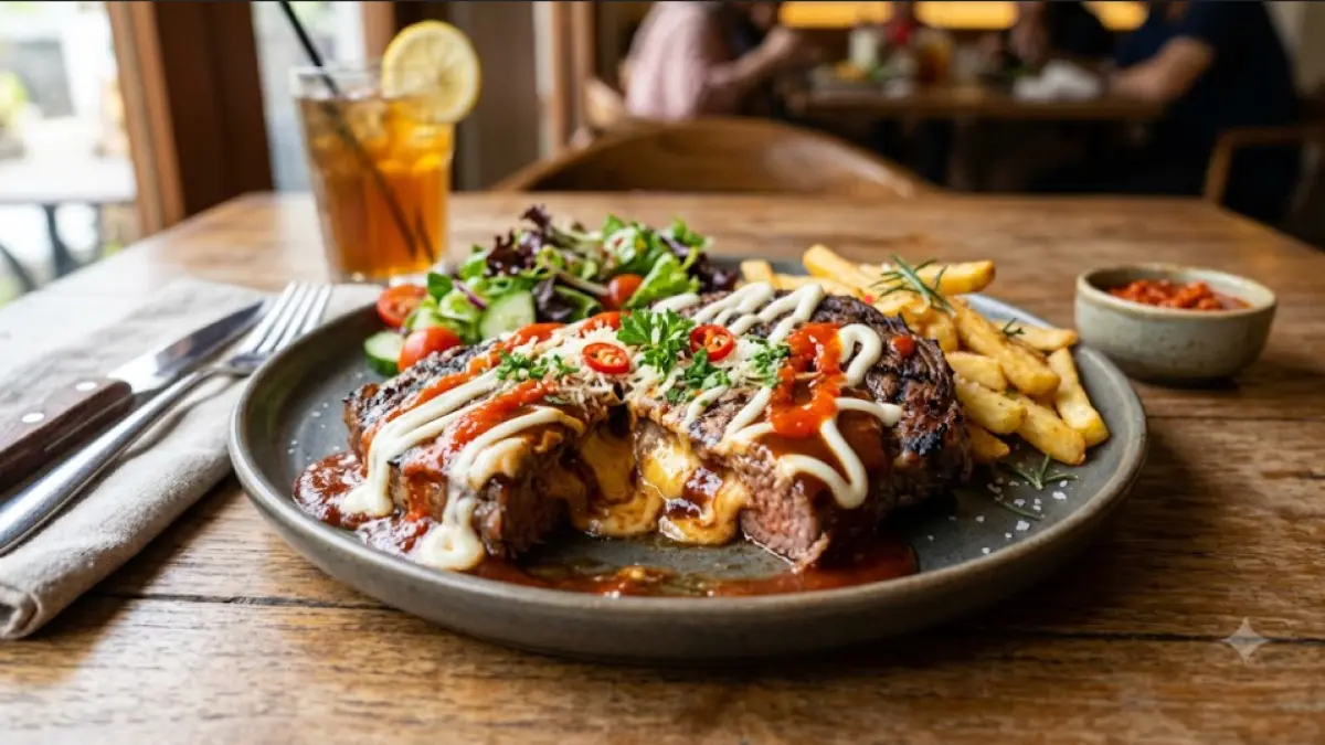 Steak beef saus merah putih dengan isian keju dan saus BBQ, disajikan dengan topping mayones dan saus sambal yang menggugah selera.