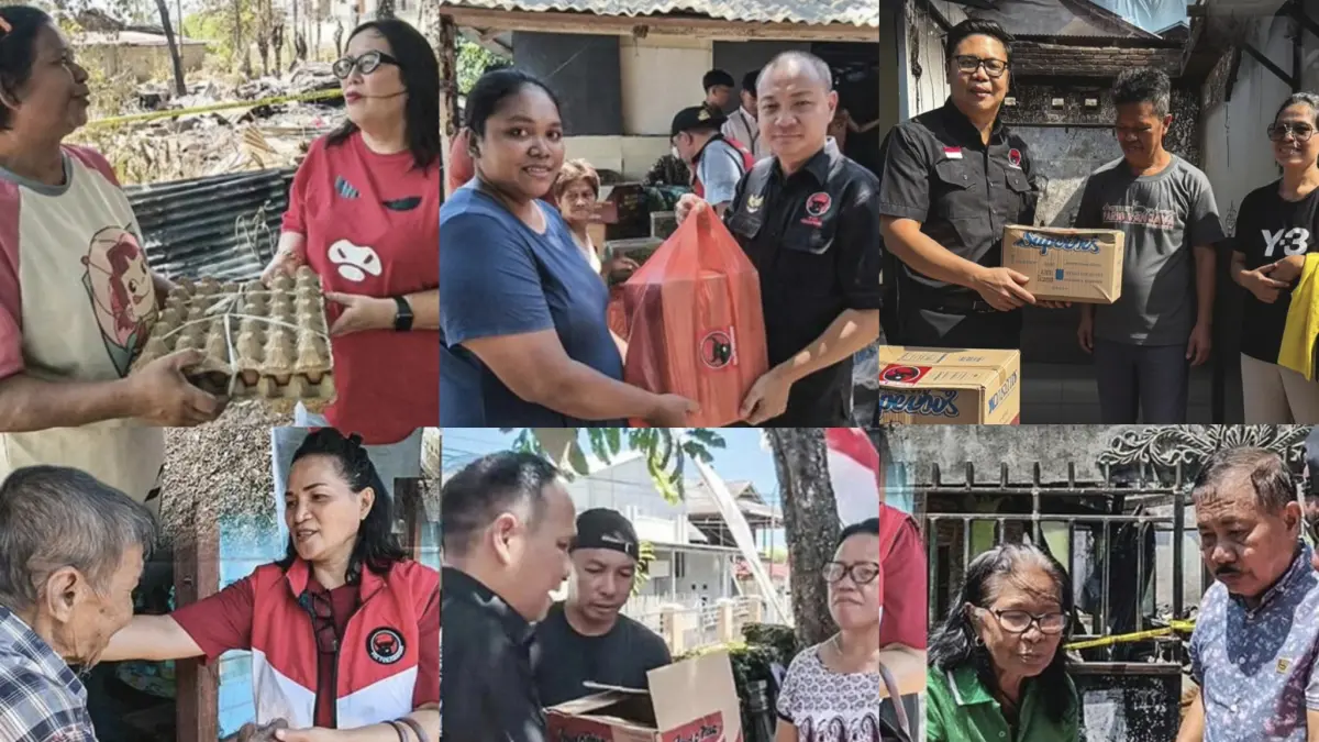 PEDULI: Beberapa personel Fraksi PDI Perjuangan di DPRD Manado saat menyerahkan bantuan kepada warga yang terdampak musibah kebakaran