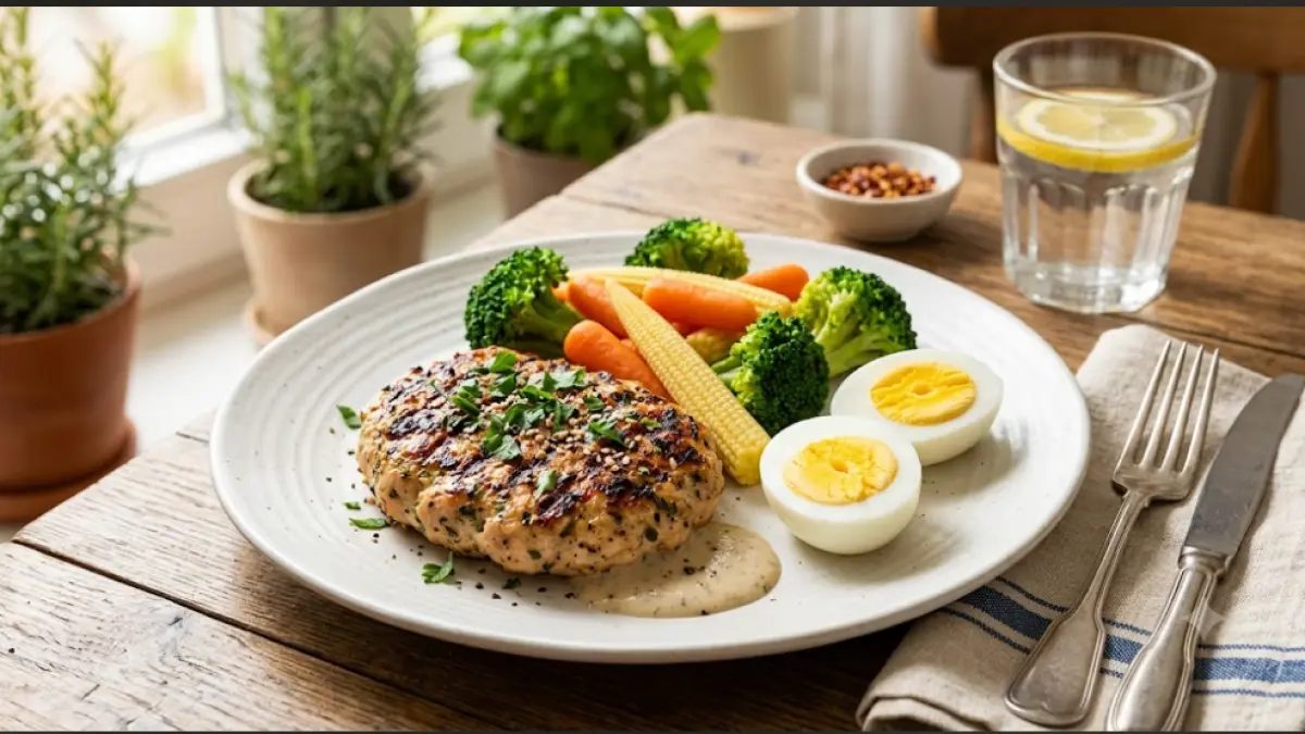 Patty chicken steak rendah kalori disajikan bersama sayuran kukus dan telur rebus, menjadi pilihan menu sehat tinggi protein yang cocok untuk program diet dan gaya hidup sehat.