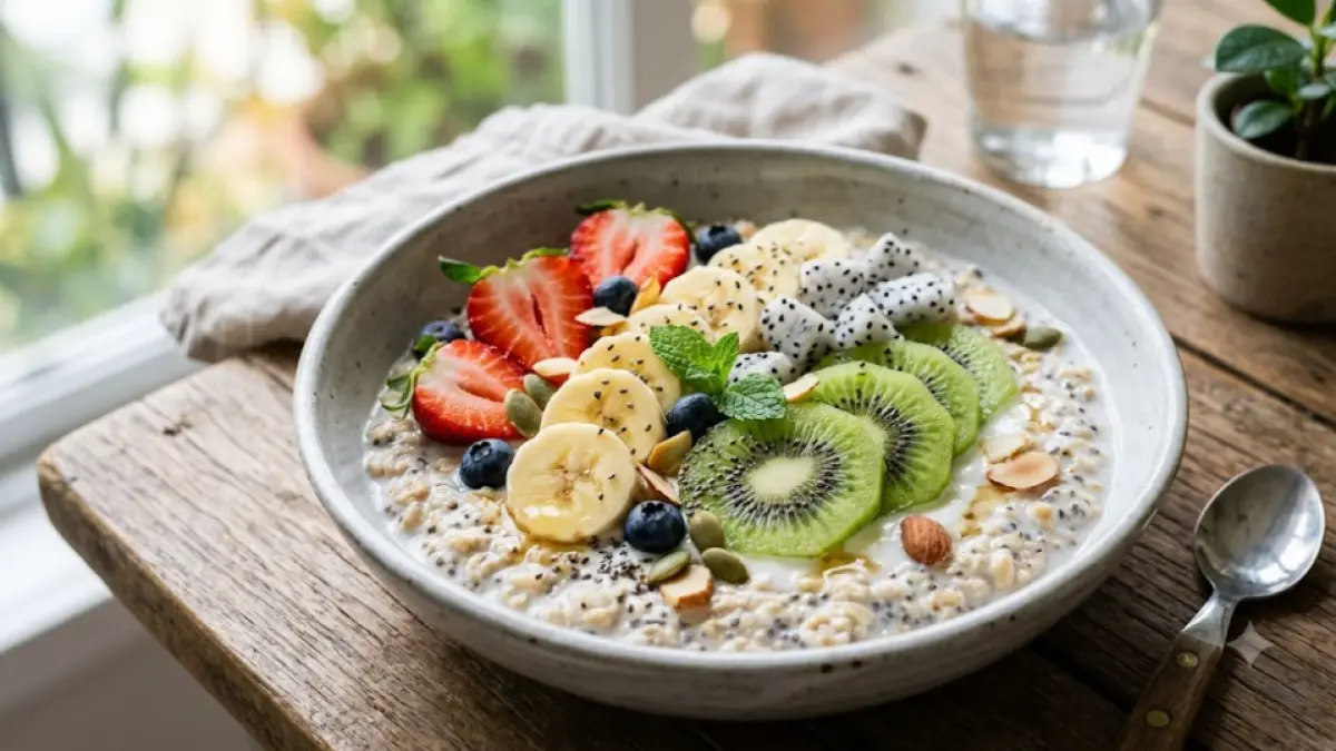 Semangkuk overnight oats dengan topping buah segar seperti stroberi, pisang, kiwi, dan buah naga, menjadi pilihan sarapan sehat yang praktis dan rendah kalori.