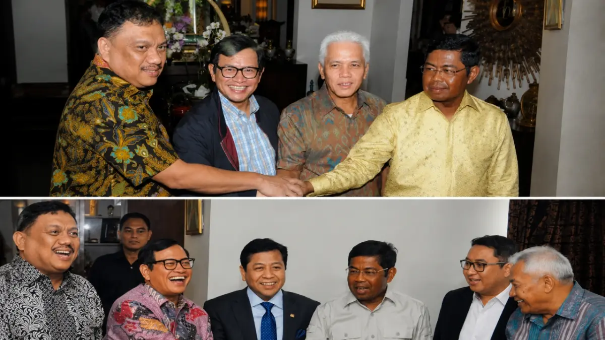 Tampak Olly Dondokambey bersama sejumlah tokoh politik berdiri bersama. Ada yang tersenyum, ada yang tertawa, dan ada pula yang berjabat tangan.