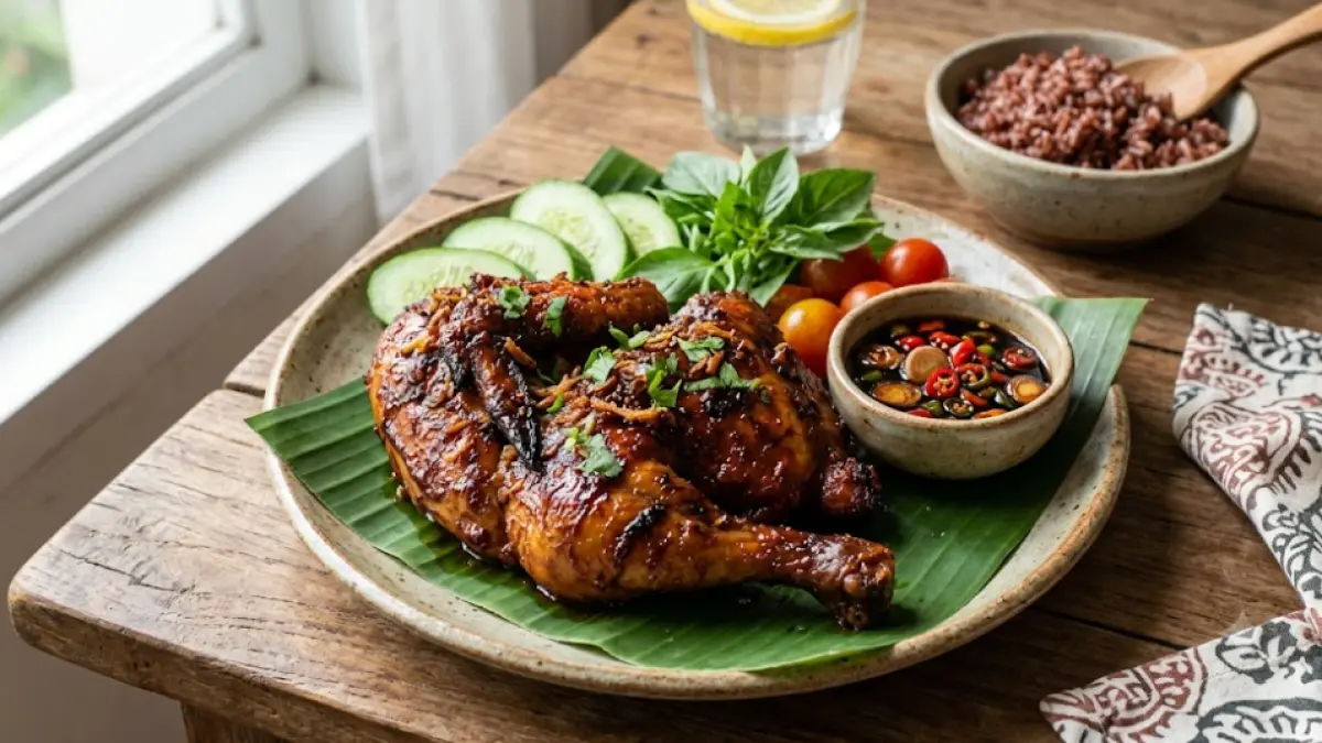 Ayam bacem panggang berbumbu rempah dengan warna kecokelatan menggugah selera, disajikan sebagai menu diet rendah minyak yang tetap gurih dan legit.