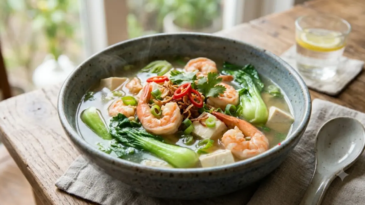 Semangkuk udang tahu kuah dengan tambahan pokcoy segar, menjadi pilihan menu diet tinggi protein yang praktis, rendah kalori, dan mengenyangkan.