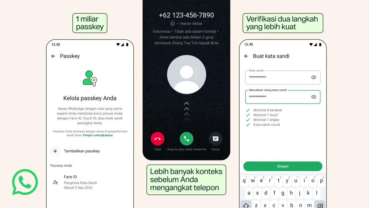WhatsApp memperkuat keamanan akun dengan passkey, verifikasi dua langkah, dan identifikasi penelepon.
