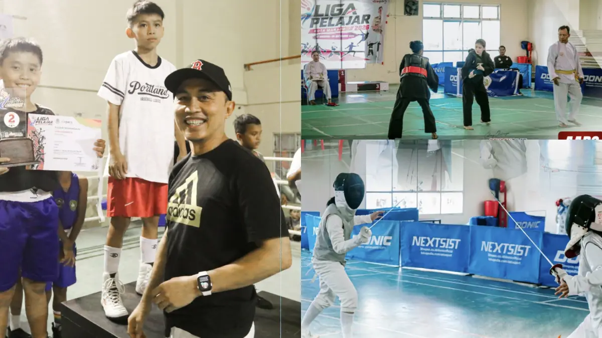 ASAH: Kepala Dispora Manado saat menyerahakan penghargaan kepada pemenang. Foto lain. Nampak salah satu cabor yang dipertandingkan di Liga Pelajar 2026