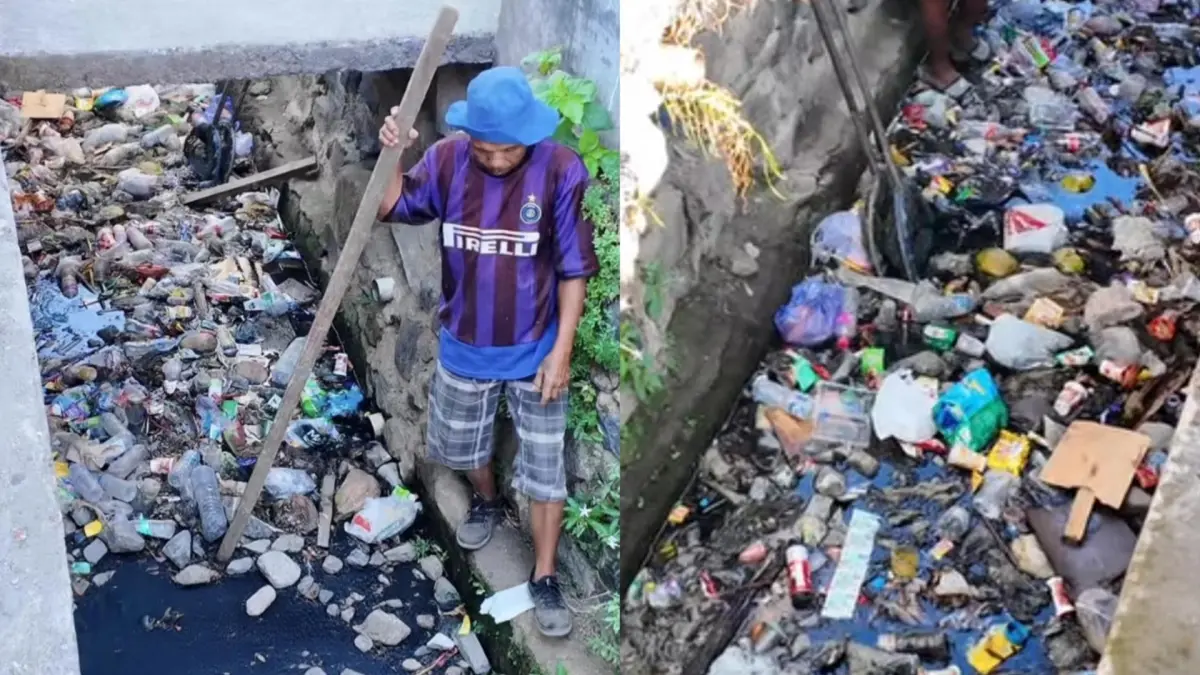 PRIHATIN: Nampak petugas saat membersihkan sampah di Kali Tuminting. Foto lain. Terlihat sampah sudah ditangani
