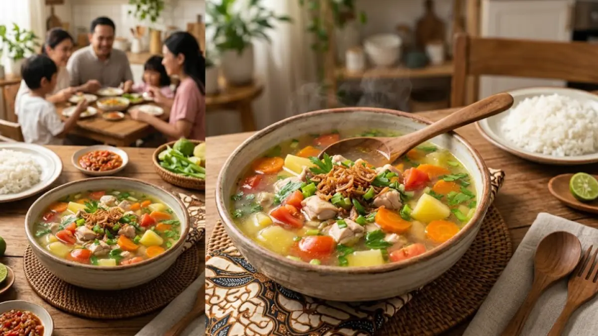 Semangkuk sup ayam bening berisi potongan ayam, wortel, kentang, dan tomat dalam kuah hangat yang jernih, cocok sebagai menu sehat untuk keluarga.